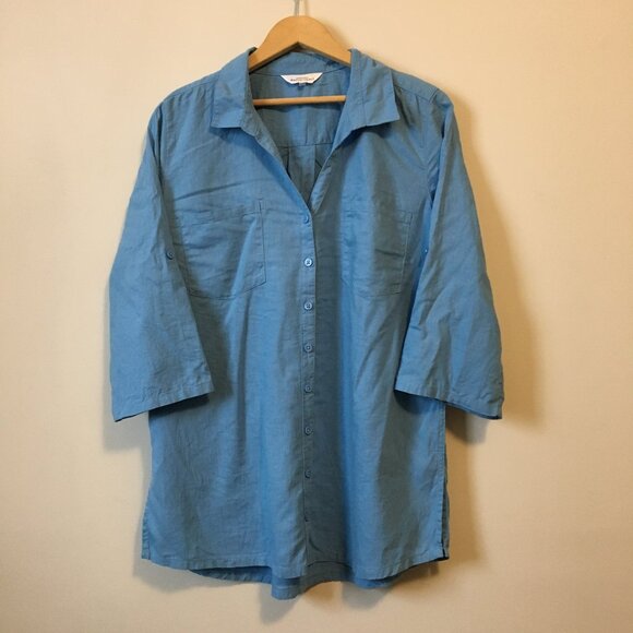 Northern Reflections Blue Linen Blend Sailor Collar Button Down Dress Sh… - Picture 1 of 16